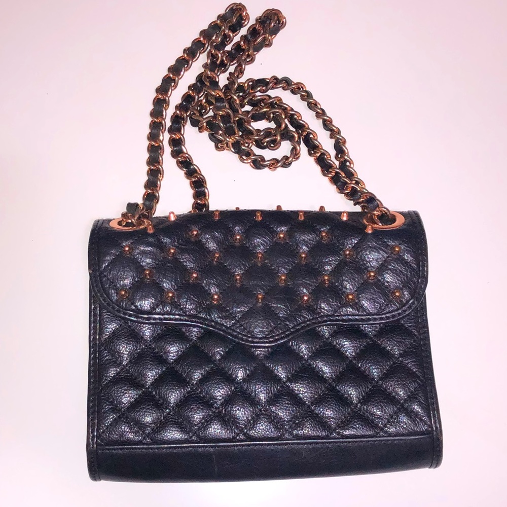Rebecca Minkoff black leather rose gold studded hardware chain quilted handbag